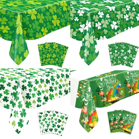 St. Patrick's Day Tischdecke Kleeblatt Muster Kunststoff Tischdecke Festliche Party Dekorationen Grün Weiß Irisches Thema