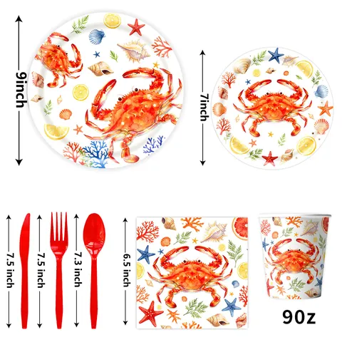Summer Crab Ocean Theme Disposable Party Tableware Paper Plates Cups Napkins Tablecloth Banner For Beach Birthday Party Supplies