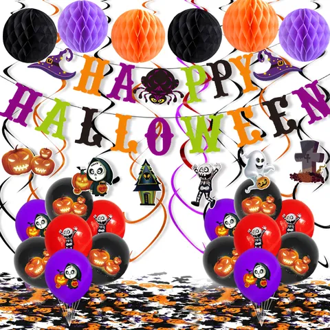 Halloween Party Decoration Set Happy Halloween Banner Honeycomb Balls Hanging Swirls Latex Balloons Confetti Pumpkin Skeleton Decor