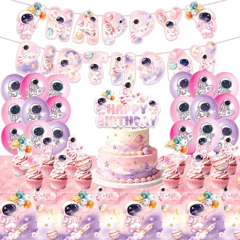 Decoraciones de Fiesta de Cumpleaños de Astronauta Galaxia Rosa Banner Globos Cake Topper Mantel Tema Espacio Dibujos Animados
