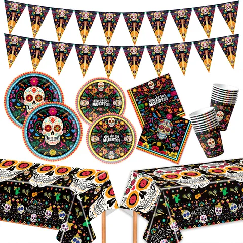 Mexikanische Tag Der Toten Party Dekorationen Zuckerschädel Pappteller Becher Servietten Tischdecke Banner Festartikel