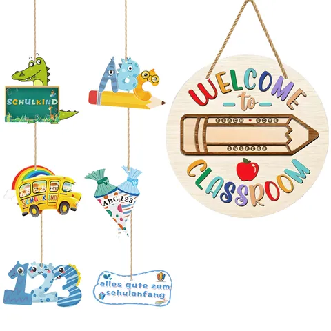Back To School Wooden Welcome Sign Round Door Hanging Decor For Classroom Office School Bus Unicorn Pattern Wood Sign Set