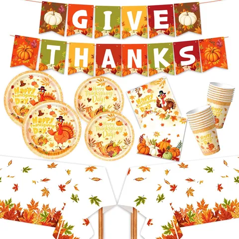 Thanksgiving Truthahn Thema Party Geschirr Set Pappteller Becher Servietten Banner Hängende Wirbel Girlande Layout Zubehör