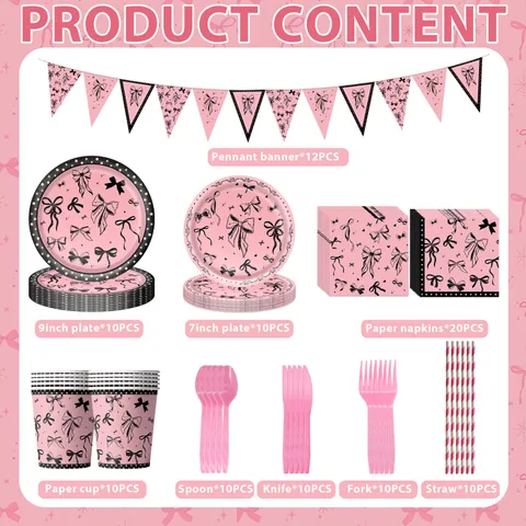Schwarz Rosa Schleife Thema Partygeschirr Pappteller Tassen Servietten Banner Tischdecke Für Mädchen Geburtstag Feier Deko