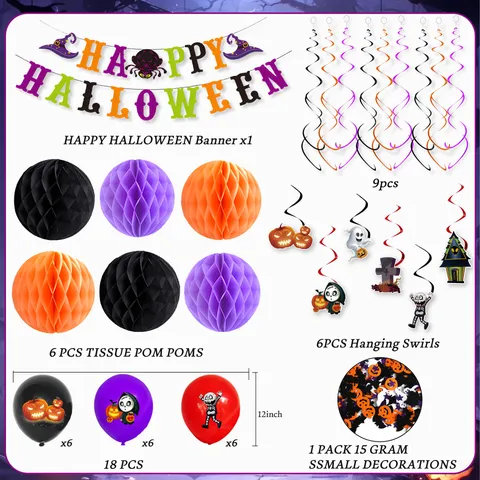 Halloween Party Decoration Set Happy Halloween Banner Honeycomb Balls Hanging Swirls Latex Balloons Confetti Pumpkin Skeleton Decor