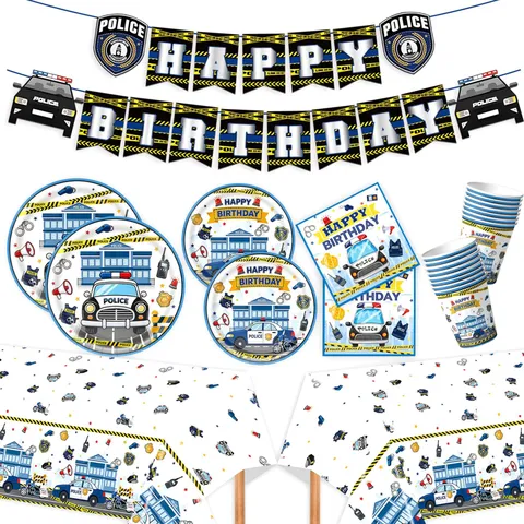 Cartoon Polizeiauto Thema Kinder Geburtstag Party Zubehör Set Pappteller Serviette Becher Tischdecke Banner Kuchen Deko