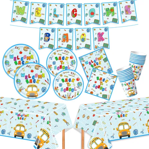Willkommen Zurück in der Schule Thema Party Deko Blaues Gitter Pappteller Servietten Becher Tischdecke Schulbus Banner Pädagogische Feier Event Dekor