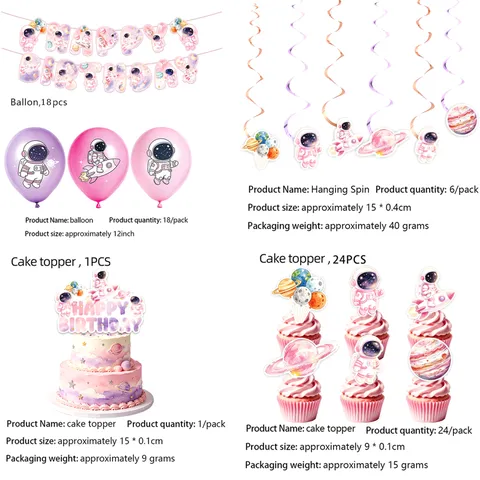Decoraciones de Fiesta de Cumpleaños de Astronauta Galaxia Rosa Banner Globos Cake Topper Mantel Tema Espacio Dibujos Animados