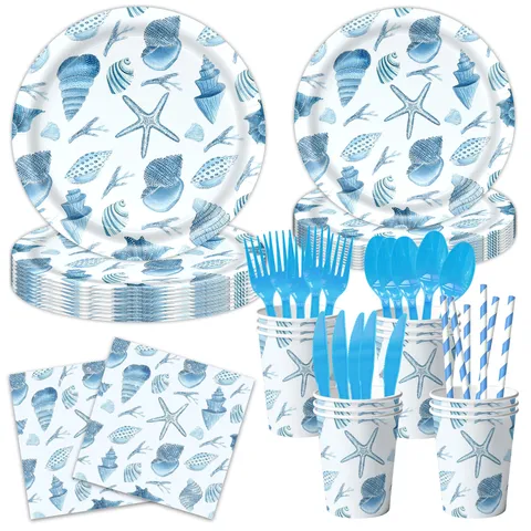 Sommer Blau Ozean Muschel Seestern Einweg Papier Geschirr Set Banner Tischdecke Servietten Becher Teller Für Kinder Geburtstag Party Deko