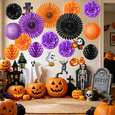 Halloween Party Dekorationen Papierfächer Wabenbälle Laterne Spirale Hängende Streamer Für Festliche Veranstaltungsort Layout Dekor