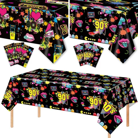 Nappe Jetable Disco Party Rétro Pop Art Couverture de Table Pour Fête à Thème Décoration Fournitures Nappe Noire