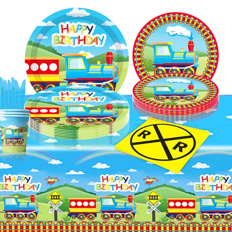 Little Train Theme Birthday Party Disposable Tableware Cartoon Railway Sign Paper Plates Cups Napkins Tablecloth Cutlery Kids