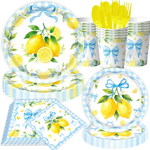 Blue Bow Lemon Print Birthday Party Tableware Set Disposable Paper Plates Cups Napkins Tablecloth Banner Celebration Decor