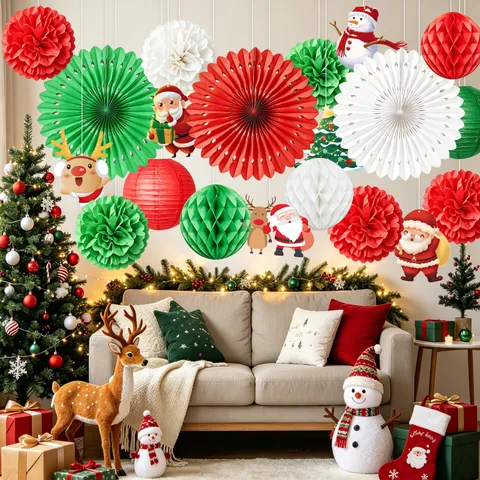 Weihnachts Party Dekoration Set Papierfächer Pom Poms Wabenbälle Weihnachtsmann Schneemann Hängende Spiralen Für Heim Deko