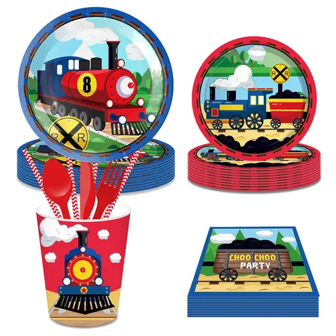Cartoon Red Train Birthday Party Tableware Disposable Paper Plates Cups Napkins Cutlery For Kids Birthday Decoration