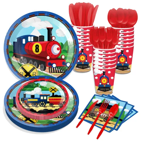 Cartoon Red Train Birthday Party Tableware Disposable Paper Plates Cups Napkins Cutlery For Kids Birthday Decoration
