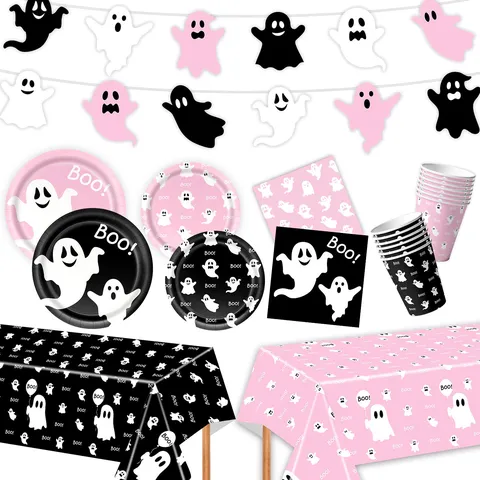 Halloween Fantasma Tema Fiesta Vajilla Juego Platos de Papel Vasos Servilletas Mantel Banner Rosa Negro Fantasma Tema Fiesta Decoración Suministros
