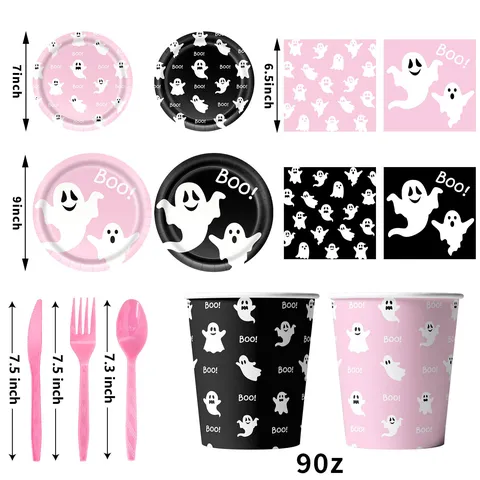Halloween Fantasma Tema Fiesta Vajilla Juego Platos de Papel Vasos Servilletas Mantel Banner Rosa Negro Fantasma Tema Fiesta Decoración Suministros