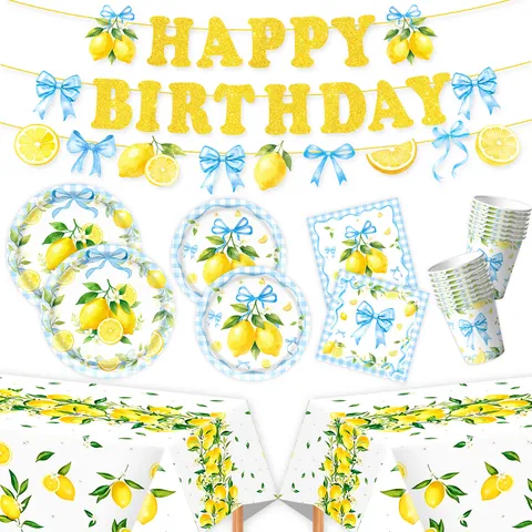 Blue Bow Lemon Print Birthday Party Tableware Set Disposable Paper Plates Cups Napkins Tablecloth Banner Celebration Decor