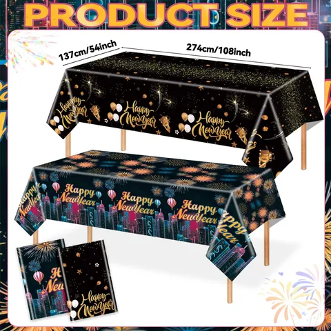 Nappe de Fête Nouvel An Feux d'artifice Paysage Nocturne Urbain Imprimé Imperméable Résistant à l'Huile Nappe Jetable Plastique