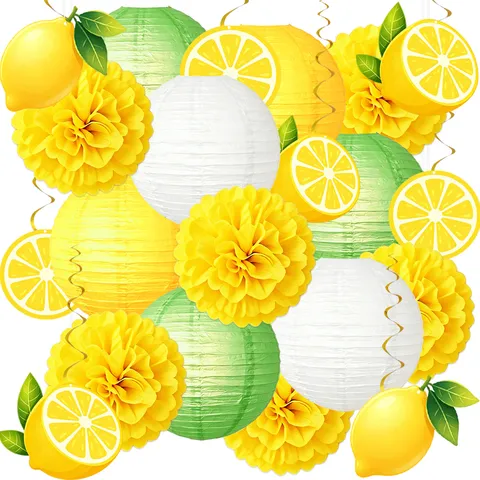 Yellow Green Lemon Theme Birthday Party Decoration Set Paper Pom Poms Lanterns Hanging Spirals Banner Summer Party Supplies