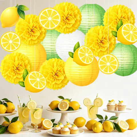 Yellow Green Lemon Theme Birthday Party Decoration Set Paper Pom Poms Lanterns Hanging Spirals Banner Summer Party Supplies