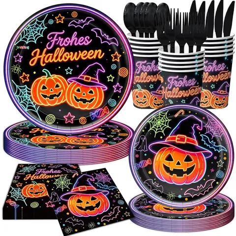 Halloween Neon Kürbis Party Geschirr Einweg Papierteller Becher Servietten Tischdecke Banner Für Gruselige Festliche Versammlung Dekoration