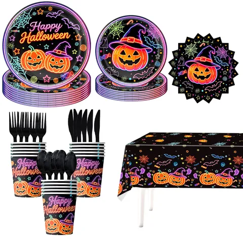 Halloween Kürbis Partygeschirr Set Neon Stil Einweg Pappteller Becher Servietten Tischdecke Banner Feiertag Dekoration