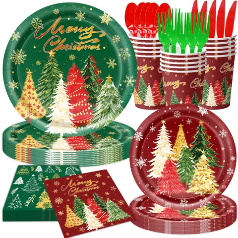 Kerstboom Sneeuwvlok Bedrukt Feestartikelen Set Tafelkleed Papieren Borden Bekers Banner Hangende Spiraal Ballonnen Servies Decoratie Voor Festival Vakantie Decor