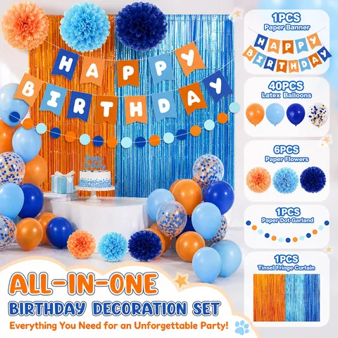 Cartoon Dog Blue Orange Theme Birthday Party Decoration Set Happy Birthday Paper Banner Tassel Curtain Latex Balloons Paper Flower Balls Venue Decor