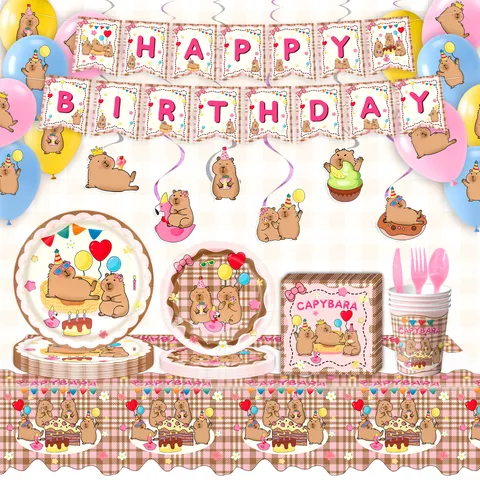 Capybara Theme Birthday Party Supplies Pink Plaid Party Decorations Tableware Collection Banner Plates Cups Napkins For Kids Birthday