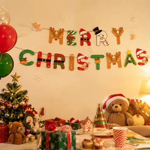 Merry Christmas Χάρτινο Banner με Γράμματα Γιορτινό Άγιος Βασίλης Χιονάνθρωπος Τάρανδος Μοτίβο Γιρλάντα Πάρτι Διακόσμηση