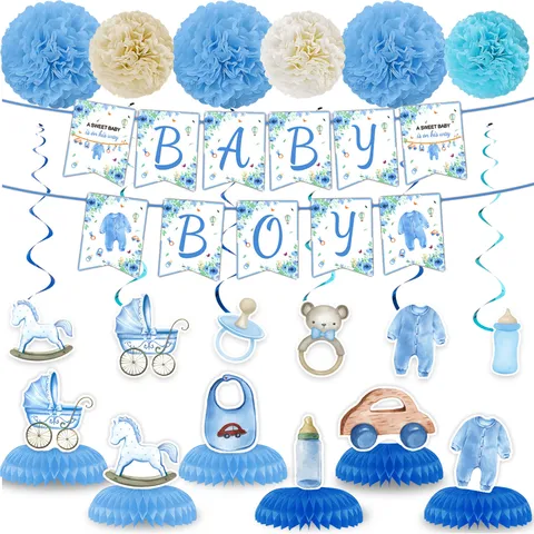 Blue White Baby Boy Shower Decoration Set Baptism Birthday Party Banner Cake Toppers Balloons Hanging Swirls Decor