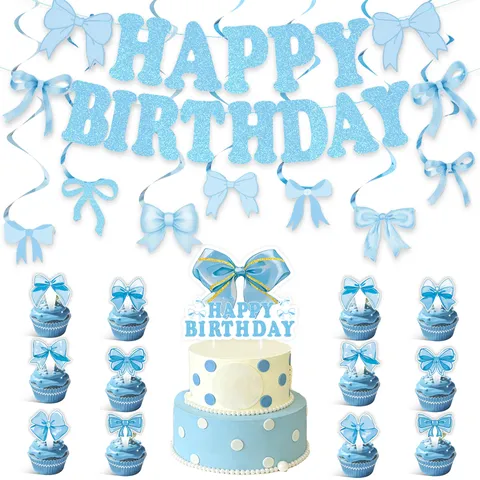 Blue Bow Theme Birthday Party Decoration Set Happy Birthday Banner Spiral Hanging Cake Toppers For Kids Party Celebration