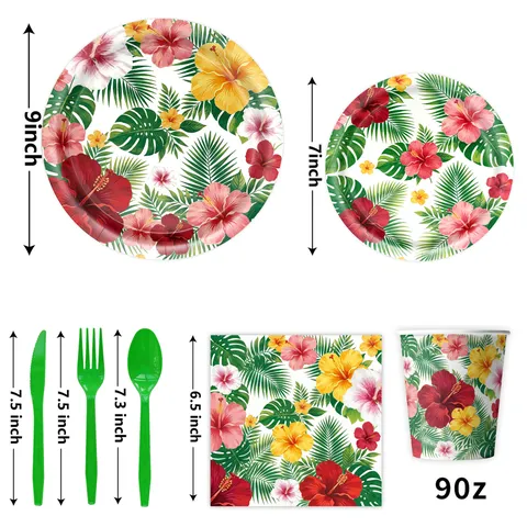 Hawaii Tropical Palm Leaf Hibiscus Disposable Party Tableware Set Paper Plates Cups Napkins Tablecloth Pennant Banner Summer Luau Party Decorations