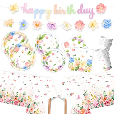 Watercolor Flower Butterfly Birthday Party Disposable Tableware Set Paper Plates Cups Napkins Tablecloth Banner Table Decoration Supply