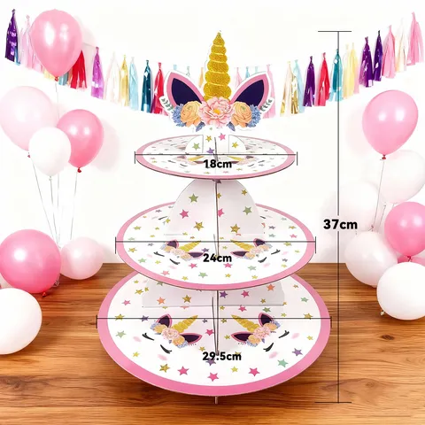 Unicorn Themed 3-Tier Paper Cake Stand For Kids Birthday Party Dessert Table Decoration Cupcake Pastry Holder Display Tray