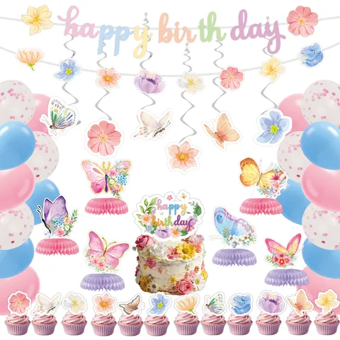 Wildblumen Schmetterling Geburtstag Party Deko Set Blumen Banner Spirale Hängende Wirbel Kuchenaufsätze Luftballons Tischdecke Für Frühlingsparty Gartenfeier
