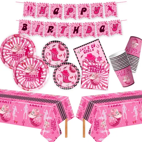 Rosa Cowgirl Party Geschirr Set Disco Thema Geburtstag Dekoration Pappteller Becher Servietten Banner Tischdecke Für Mädchen Partybedarf