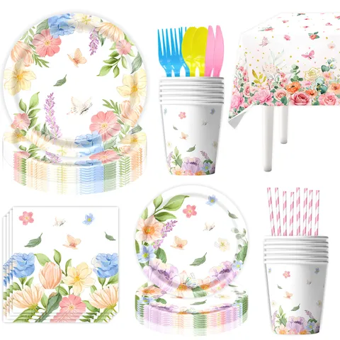 Watercolor Flower Butterfly Birthday Party Disposable Tableware Set Paper Plates Cups Napkins Tablecloth Banner Table Decoration Supply
