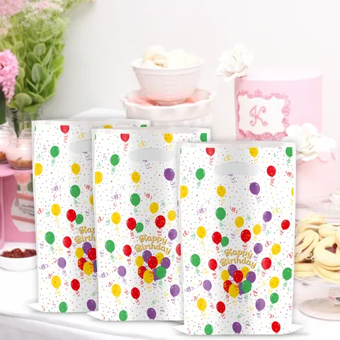 Birthday Party Gift Bags Plastic Handle Bags Balloon Cake Print Party Favors Candy Packaging For Birthday Kids Holiday Return Gifts