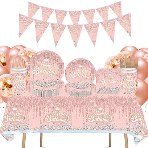 Diamant Thema Geburtstag Party Dekorationen Geschirr Set Rosa Blau Lila Glitzer Papier Teller Tassen Servietten Tischdecke Banner