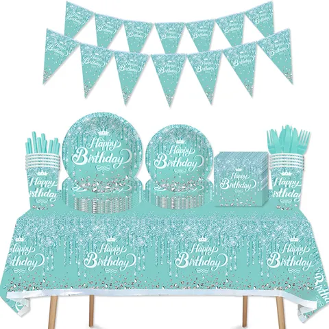 Diamant Thema Geburtstag Party Dekorationen Geschirr Set Rosa Blau Lila Glitzer Papier Teller Tassen Servietten Tischdecke Banner