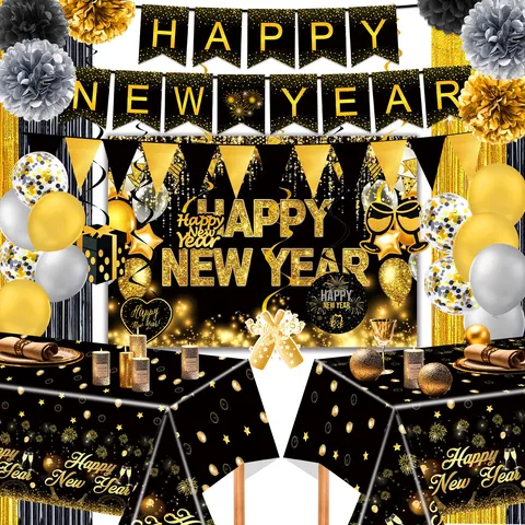 Black Gold Happy New Year Party Decorations Set Includes Banner Backdrop Tablecloth Balloons For New Year Eve Party Supplies