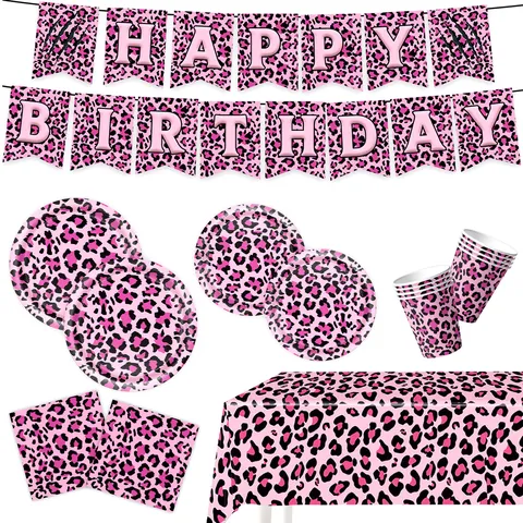 Pink Leopard Print Birthday Party Tableware Set Paper Plates Cups Napkins Tablecloth Banner For Girls Birthday Decorative Supplies