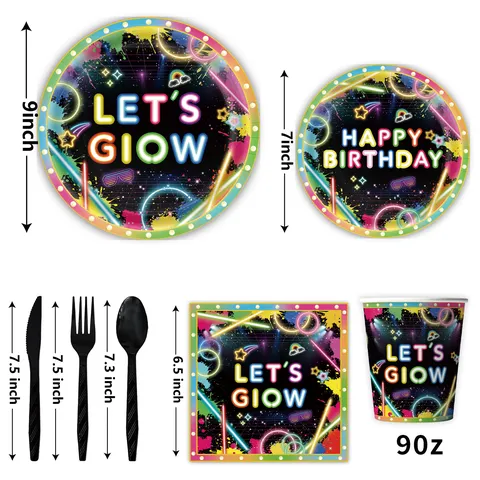 Neon Glow Party Zubehör Happy Birthday Banner Teller Servietten Becher Tischdecke Spritzer Disco Party Dekorationen