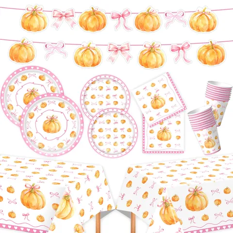 Rosa Schleife Aquarell Kürbis Einweggeschirr Teller Tassen Servietten Tischdecke Banner Halloween Geburtstag Party Dekoration Zubehör