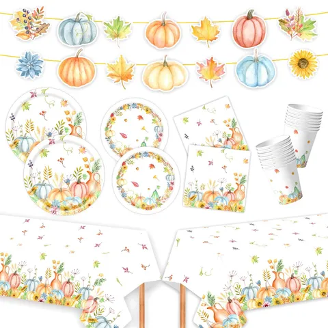 Erntedankfest Herbst Ahornblatt Kürbis Thema Einweg Pappteller Becher Servietten Tischdecke Banner Party Geschirr Set Dekoration Bedarf