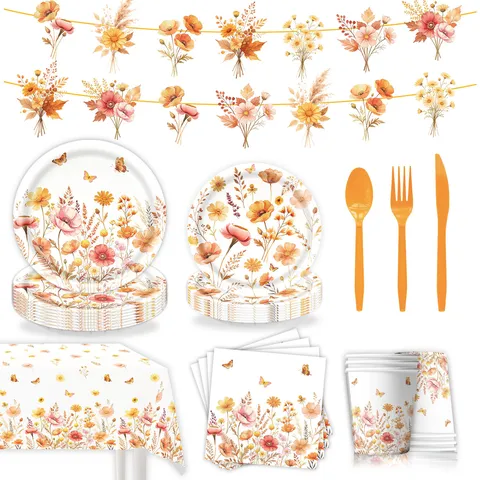 Autumn Floral Watercolor Print Party Tableware Set Paper Plates Cups Napkins Tablecloth Banner For Thanksgiving Birthday Gathering Event Layout
