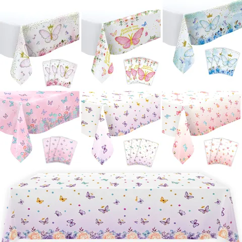 Spring Floral Butterfly Theme Disposable PE Tablecloth Waterproof Table Cover For Birthday Party Picnic Gathering Event Decoration